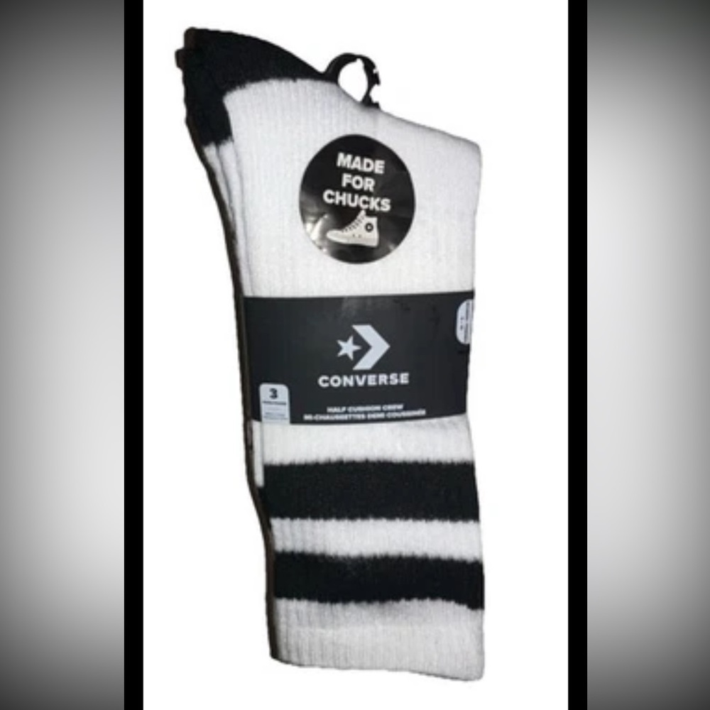 Converse Half Cushion Crew Socks 3 Pair Women's 4-10 White Black w Logo 4 Chucks